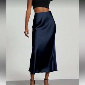 Women Silk Satin Feeling Maxi Skirt Navy Medium